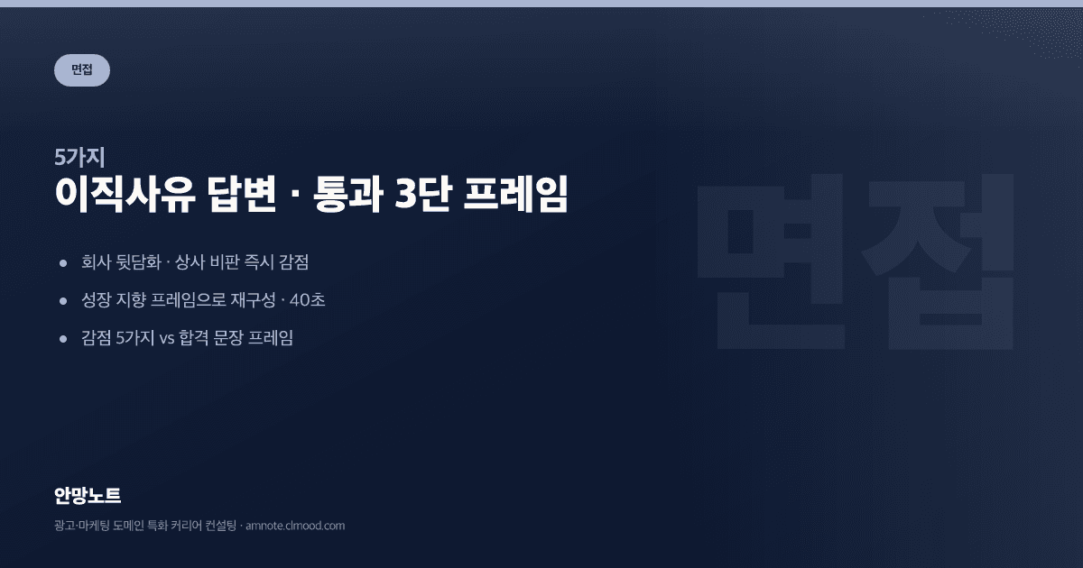 이직사유 답변 · 통과 3단 프레임 · 안망노트 면접 가이드 커버 이미지 이직사유 답변 · 통과 3단 프레임 · 안망노트 면접 가이드 커버 이미지